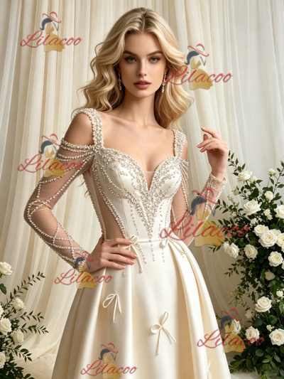 Ivory Satin Long Sleeve Beading Wedding Dress