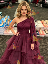 Burgundy Tulle One Shoulder Long Sleeve Prom Dress