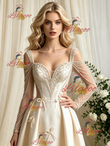 Ivory Satin Long Sleeve Beading Wedding Dress