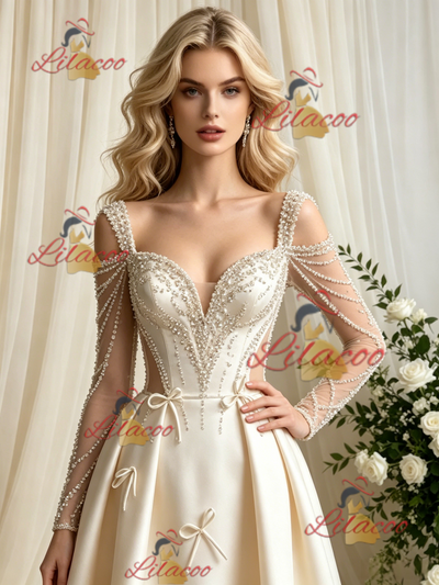 Ivory Satin Long Sleeve Beading Wedding Dress
