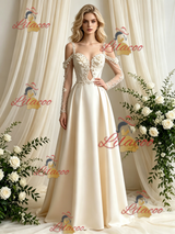 Ivory Satin Long Sleeve Flower Wedding Dress