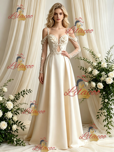 Ivory Satin Long Sleeve Flower Wedding Dress