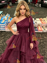 Burgundy Tulle One Shoulder Long Sleeve Prom Dress