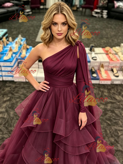 Burgundy Tulle One Shoulder Long Sleeve Prom Dress