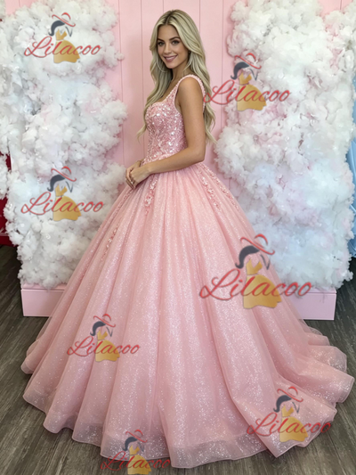 Pink Tulle Sequins Appliques Prom Dress