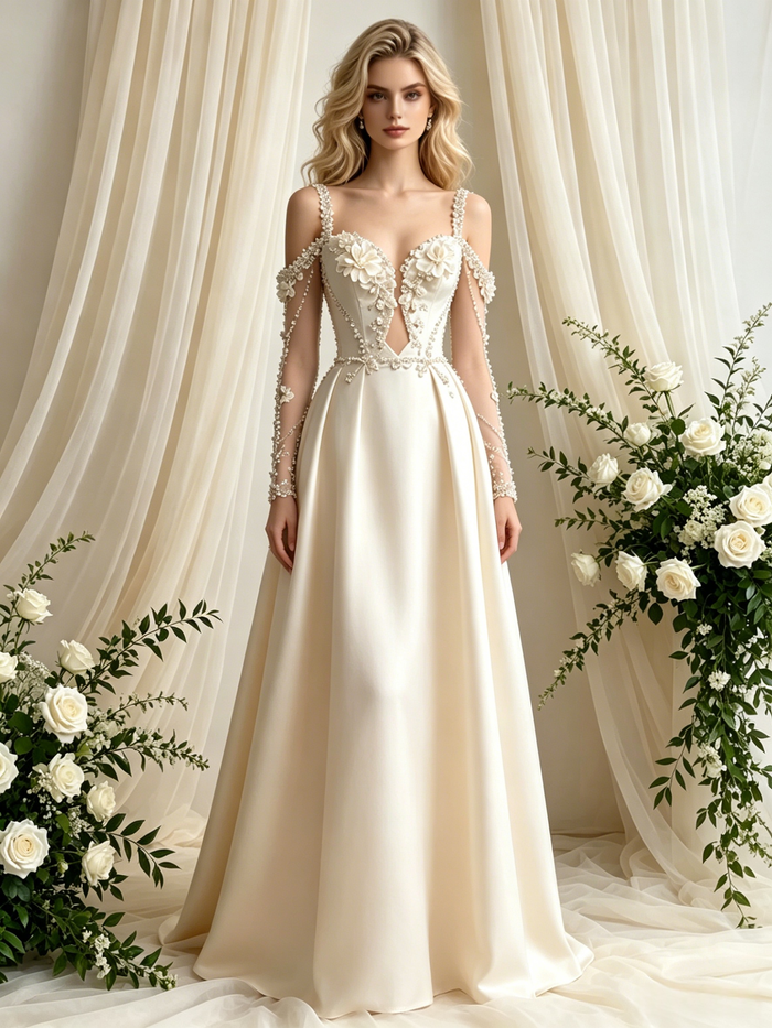 Ivory Satin Long Sleeve Flower Wedding Dress