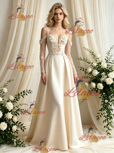 Ivory Satin Long Sleeve Flower Wedding Dress