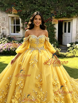 Yellow Tulle 3D Appliques Long Sleeve Quinceanera Dress