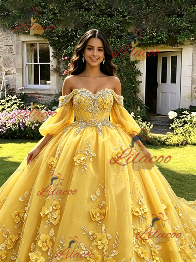 Yellow Tulle 3D Appliques Long Sleeve Quinceanera Dress