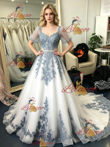 Tulle Lace Appliques Puff Sleeve Prom Dress