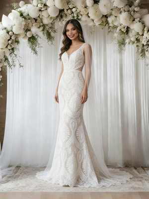 White Mermaid Lace V-neck Backless Wedding Dress