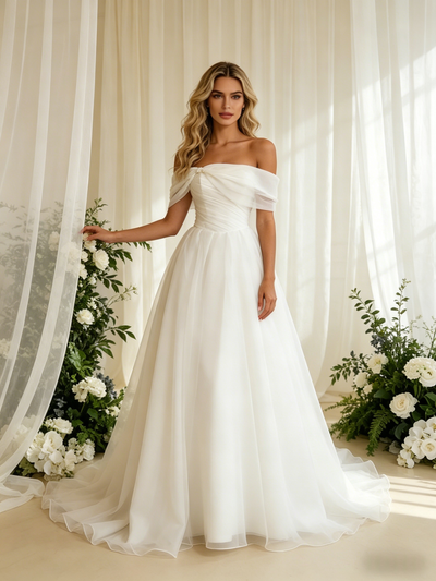 White Tulle Off the Shoulder Pleats Wedding Dress