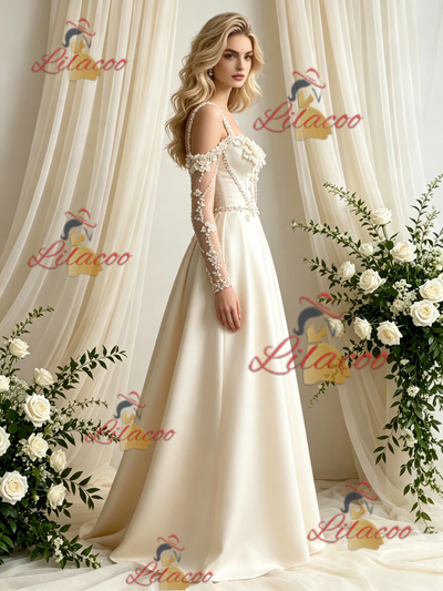 Ivory Satin Long Sleeve Flower Wedding Dress