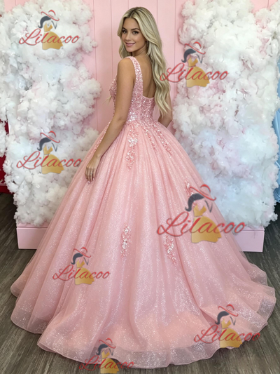Pink Tulle Sequins Appliques Prom Dress