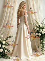 Ivory Satin Long Sleeve Flower Wedding Dress
