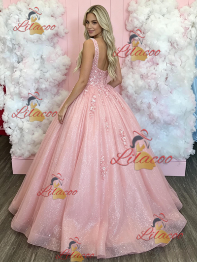 Pink Tulle Sequins Appliques Prom Dress