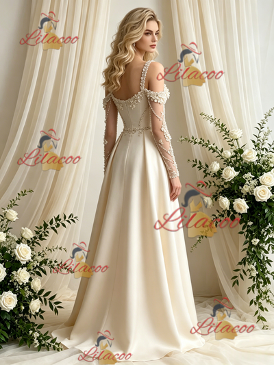 Ivory Satin Long Sleeve Flower Wedding Dress