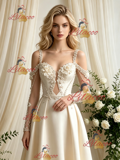 Ivory Satin Long Sleeve Flower Wedding Dress