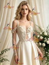 Ivory Satin Long Sleeve Flower Wedding Dress