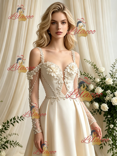 Ivory Satin Long Sleeve Flower Wedding Dress