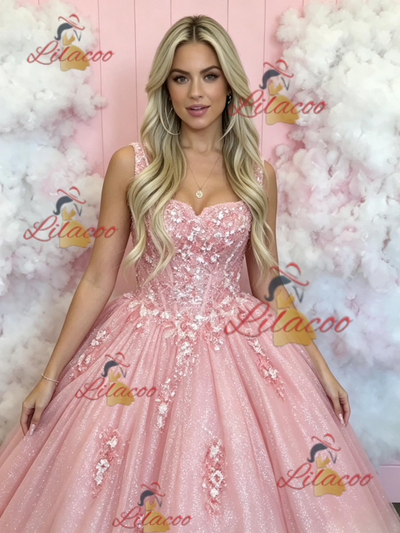 Pink Tulle Sequins Appliques Prom Dress