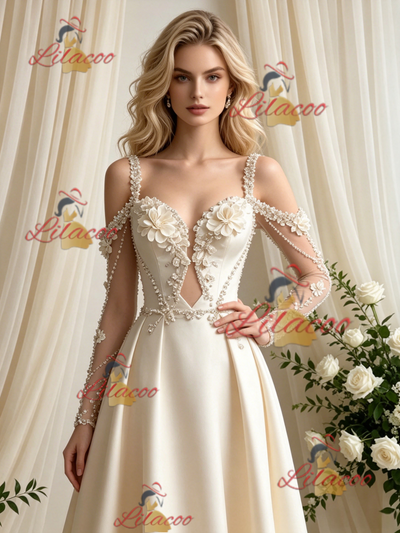 Ivory Satin Long Sleeve Flower Wedding Dress