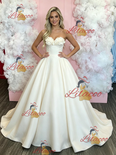 Beige White Satin Strapless Prom Dress