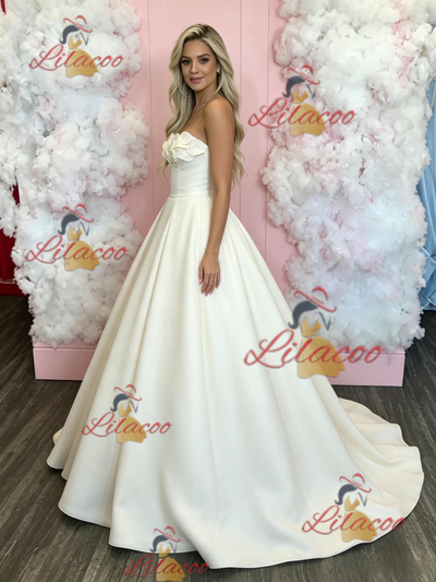 Beige White Satin Strapless Prom Dress
