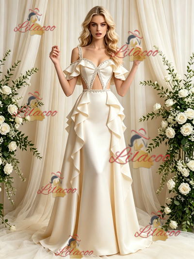 Ivory Satin Straps Beading Wedding Dress