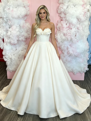 Beige White Satin Strapless Prom Dress