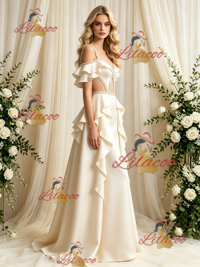 Ivory Satin Straps Beading Wedding Dress