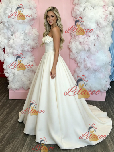 Beige White Satin Strapless Prom Dress