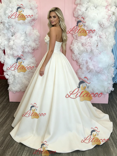 Beige White Satin Strapless Prom Dress