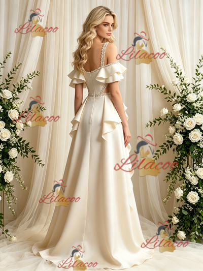 Ivory Satin Straps Beading Wedding Dress
