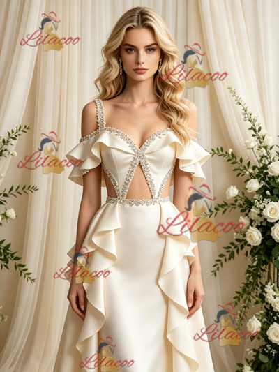 Ivory Satin Straps Beading Wedding Dress