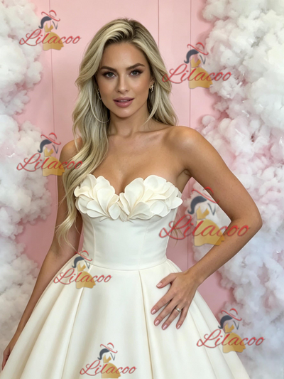 Beige White Satin Strapless Prom Dress
