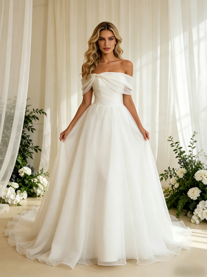 White Tulle Off the Shoulder Pleats Wedding Dress
