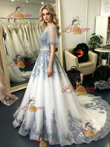 Tulle Lace Appliques Puff Sleeve Prom Dress