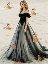 Black Tulle Off the Shoulder Appliques Wedding Dress