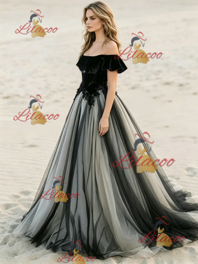 Black Tulle Off the Shoulder Appliques Wedding Dress