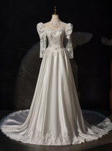 Vintage White Satin Long Sleeve Wedding Dress