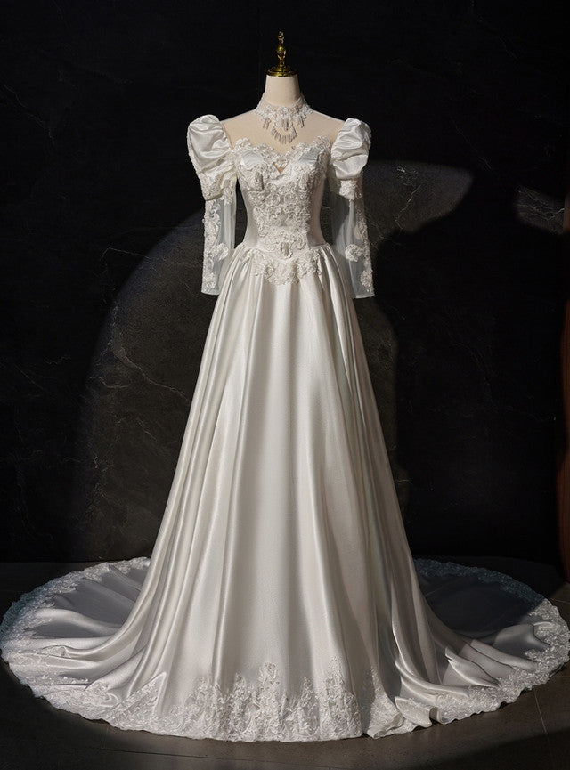 Vintage White Satin Long Sleeve Wedding Dress