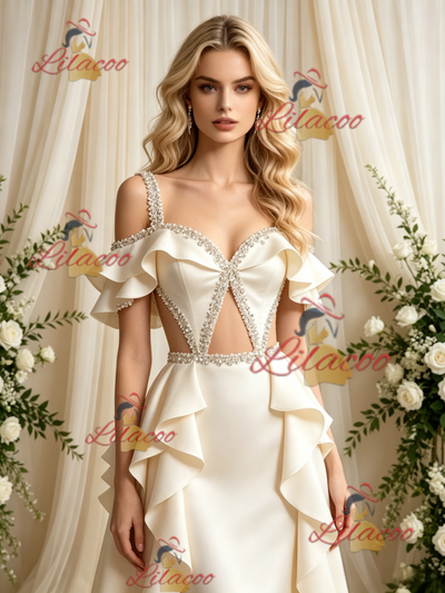 Ivory Satin Straps Beading Wedding Dress