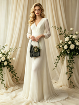 Ivory White Long Sleeve V-neck Pleats Wedding Dress