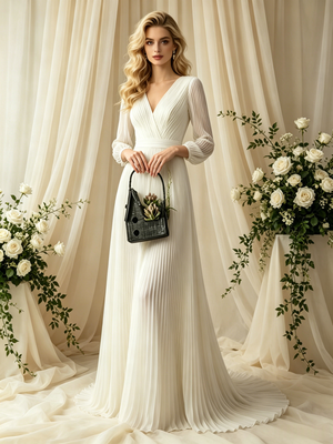 Ivory White Long Sleeve V-neck Pleats Wedding Dress