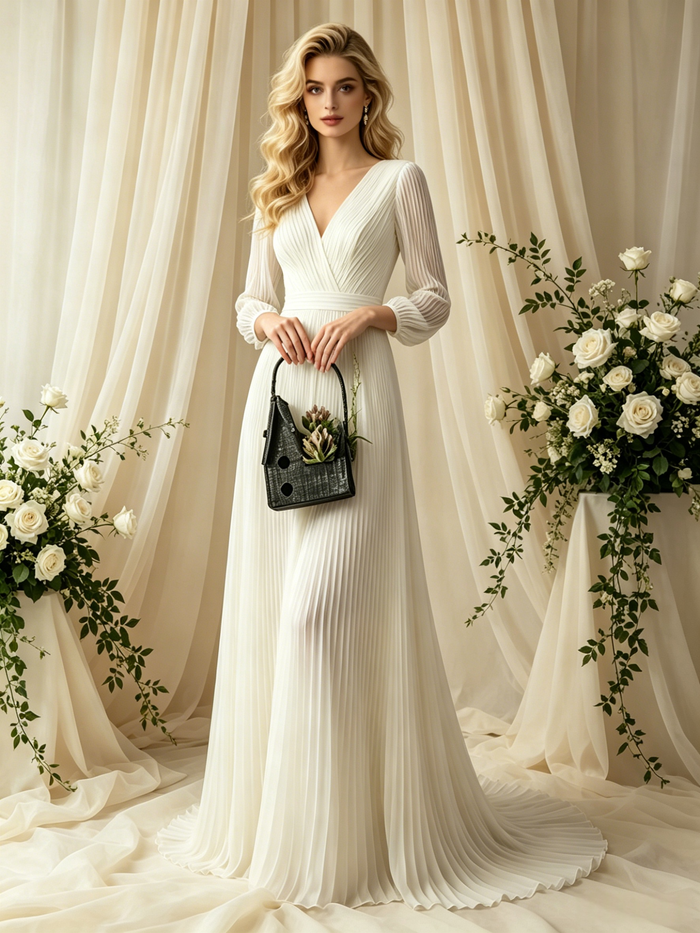 Ivory White Long Sleeve V-neck Pleats Wedding Dress