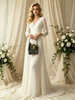 Ivory White Long Sleeve V-neck Pleats Wedding Dress