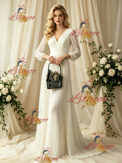 Ivory White Long Sleeve V-neck Pleats Wedding Dress