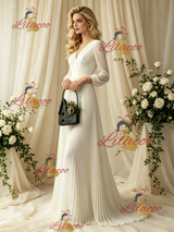 Ivory White Long Sleeve V-neck Pleats Wedding Dress
