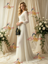 Ivory White Long Sleeve V-neck Pleats Wedding Dress